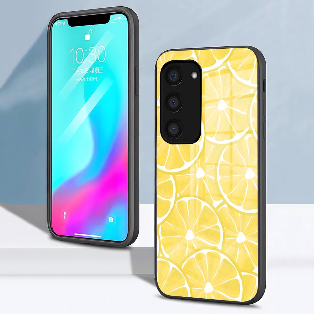 Фруктовый чехол-лимон для телефона Samsung S26 S25 S24 FE S23 S22 S21 Plus S20 Ultra Note20Ultra Черная стеклянная крышка