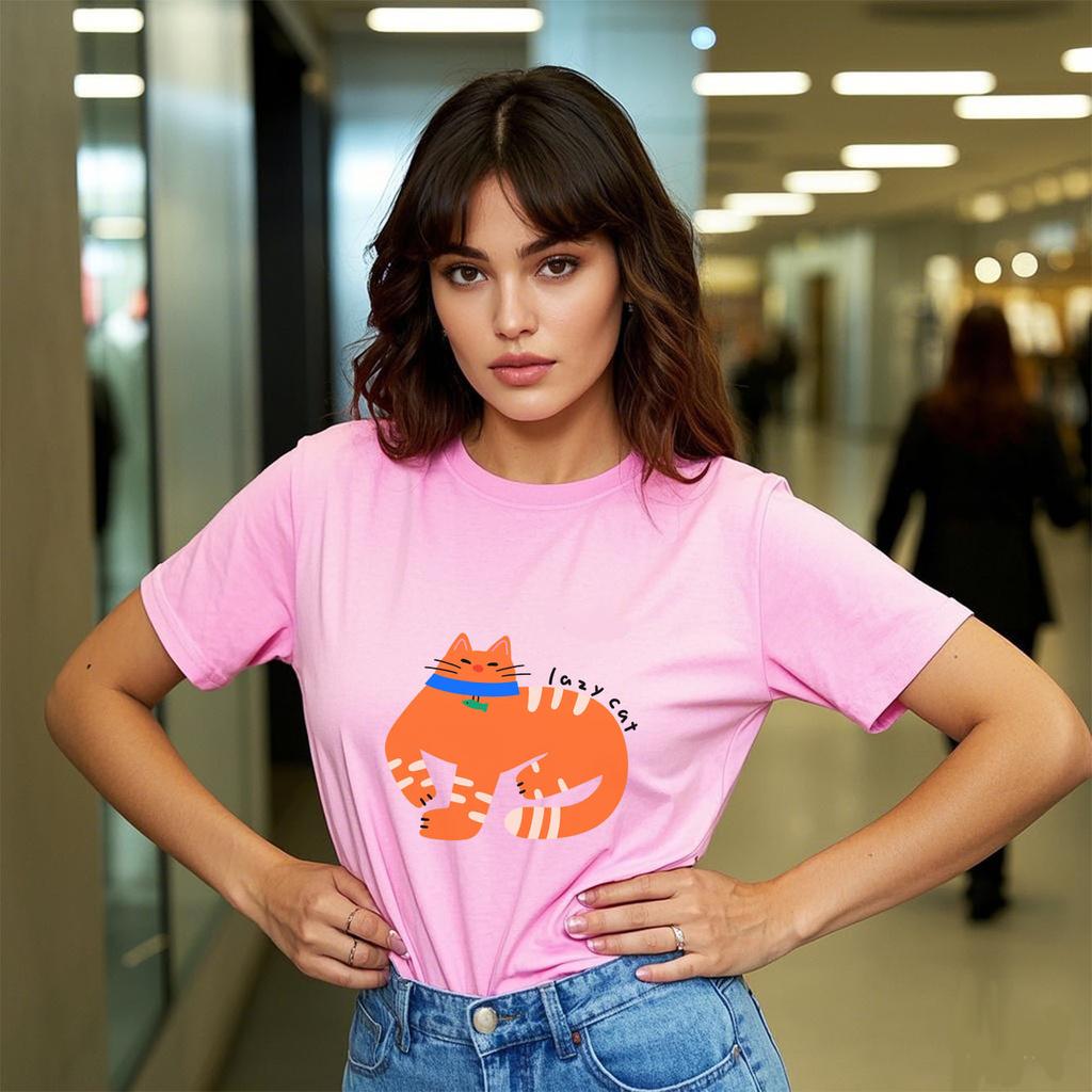 Cartoon orange cat printed short sleeved round neck Womens Tshirt for spring and summer versatile Womens Tshirt