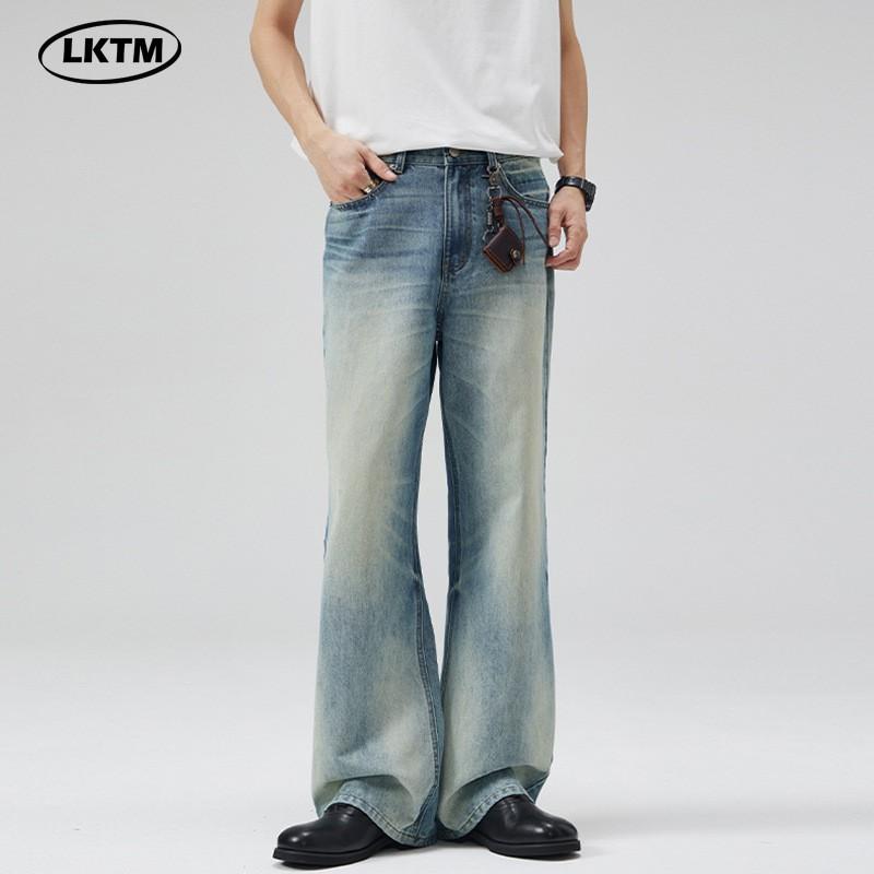 Mens Washed Vintage Blue Gradient Denim Jeans Slim Fit Straight Leg With Whiskering Scratches