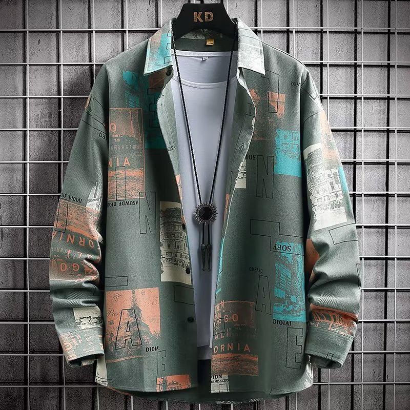 Мужская рубашка с длинным рукавом и принтом 2025 года — модная куртка свободного кроя на весну и осень