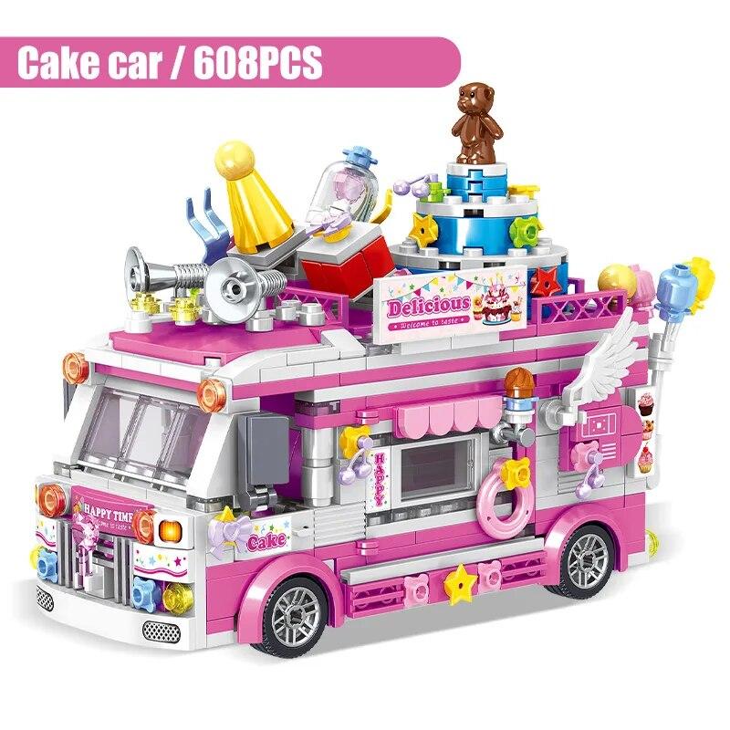City Friends Ice Cream Truck Street View Dining Car Mini Building Blocks Food Snacks Shop Model Bricks Toys For Children Girls