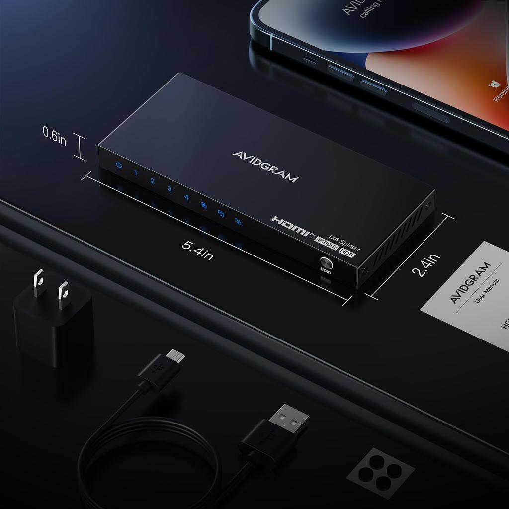 HDMI splitter 1 input 4 output 4K 60Hz AVIDGRAM HDMI splitter compatible with 4 ports 1 input 4 output splitter 4 screen simultaneous output 1080p