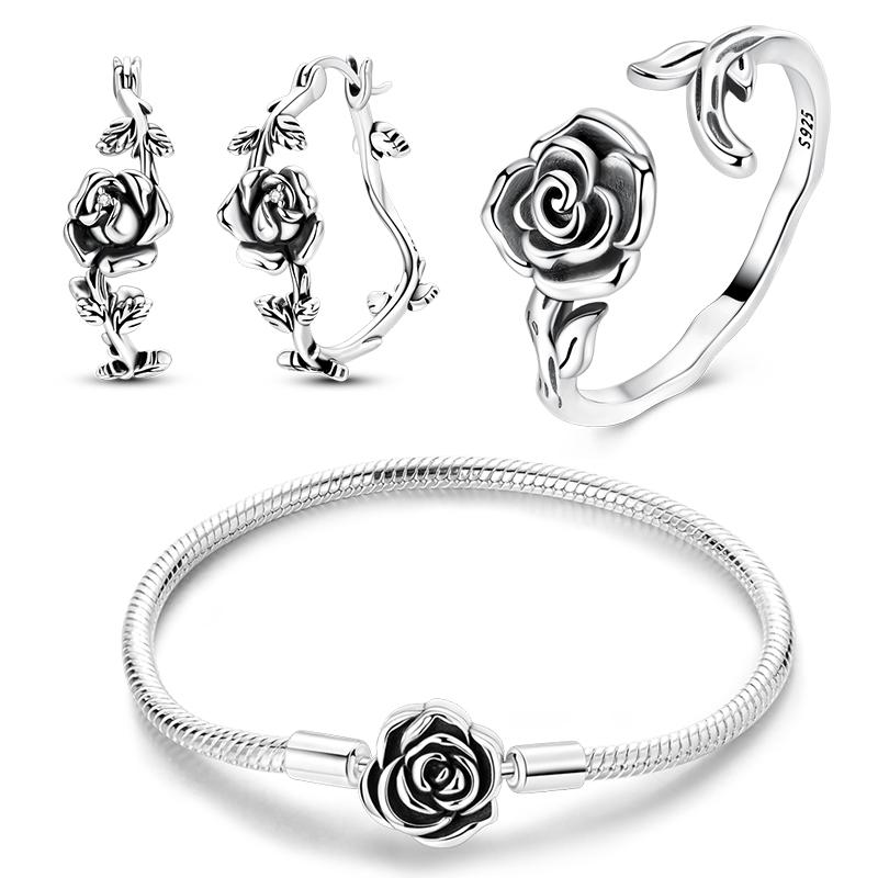 Original 925 Sterling Silver Thorny Rose Earrings Ring Bracelet Set For Women Fashion Personalized Black Rose Jewelry Gift