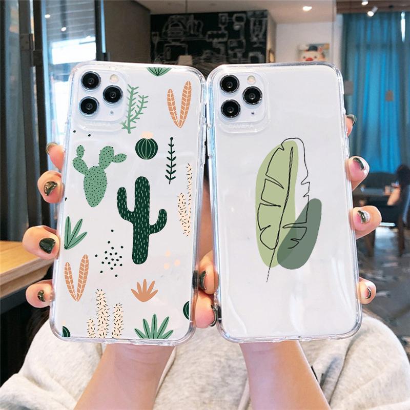 JAMULAR Cute Cactus Green Leaf Clear Phone Case For iPhone 11 12 13 Pro Max X XS XR SE2 7 8 6Plus Funny Plants Soft TPU Cover