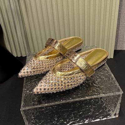 Летние женские тапочки 2025 Новые тапочки для отдыха со стразами Ретро остроносые с металлической пряжкой Модные полутапочки Sandalias De Mujer