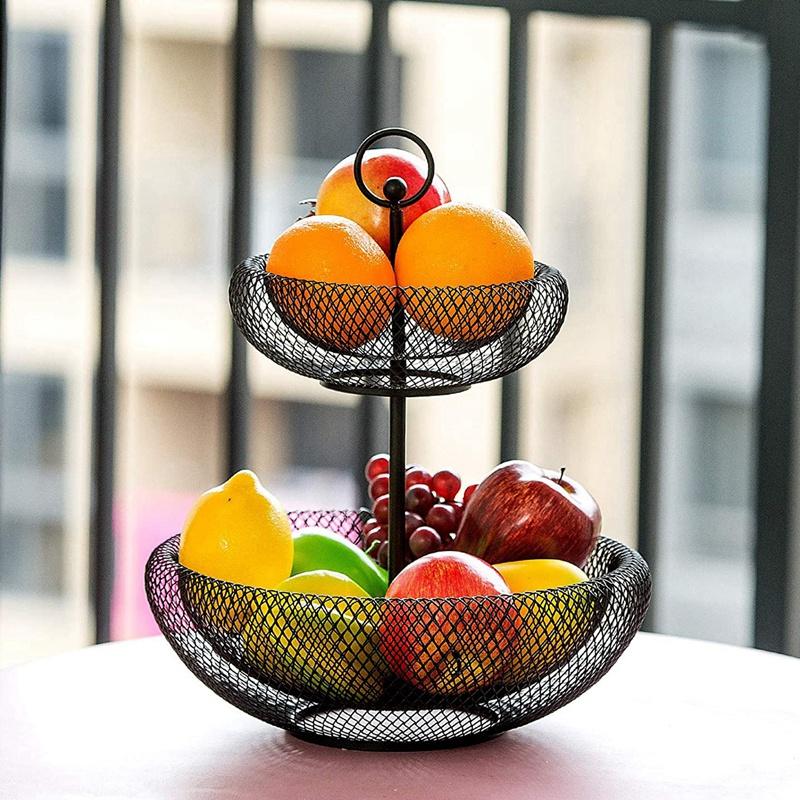 2-Tier Fruit Basket,Wire Fruit Bowls Holder,Decorative Fruits Basket,Kintchen Storage Basket For Snacks Vegetables,Black