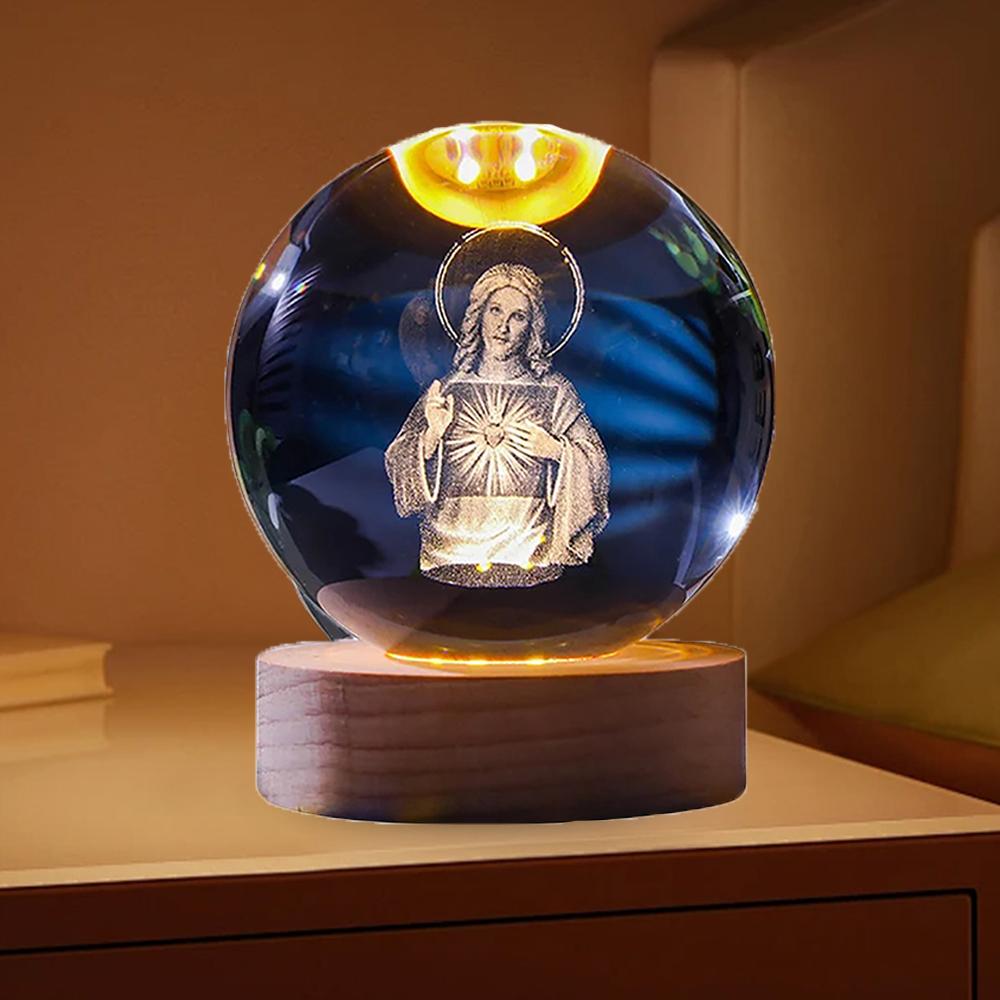 3D креативный гравированный хрустальный шар с деревянной основой, зарядка через USB, светодиодный хрустальный шар, ночник, освещенный хрустальный шар, художественное украшение