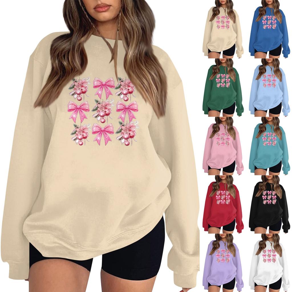 Women's Fashion Long Sleeve Loose Bowknot Printed Round Neck Sweatshirt
