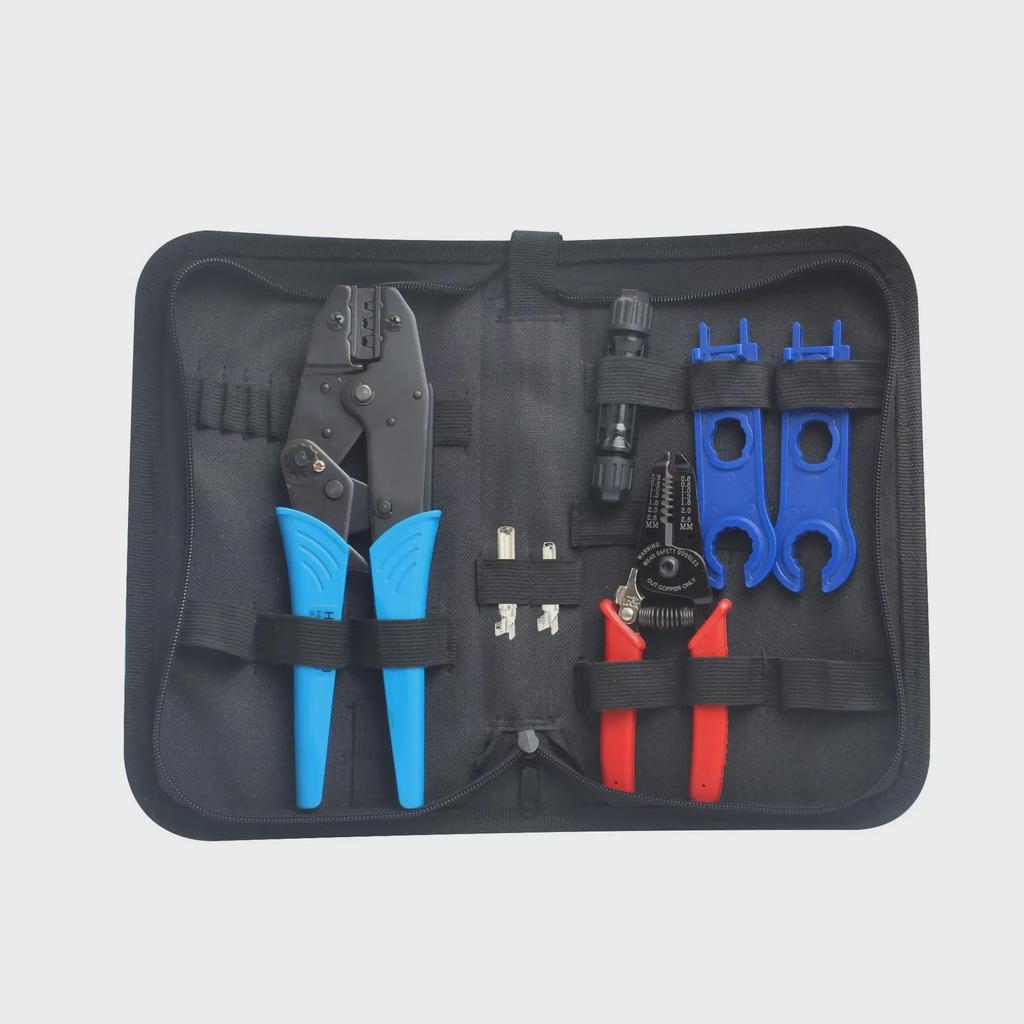 Комплект инструментов для установки фотоэлектрических систем Solar MC4: Клещи для обжима электрика, клеммы для подключения, набор гаечных ключей