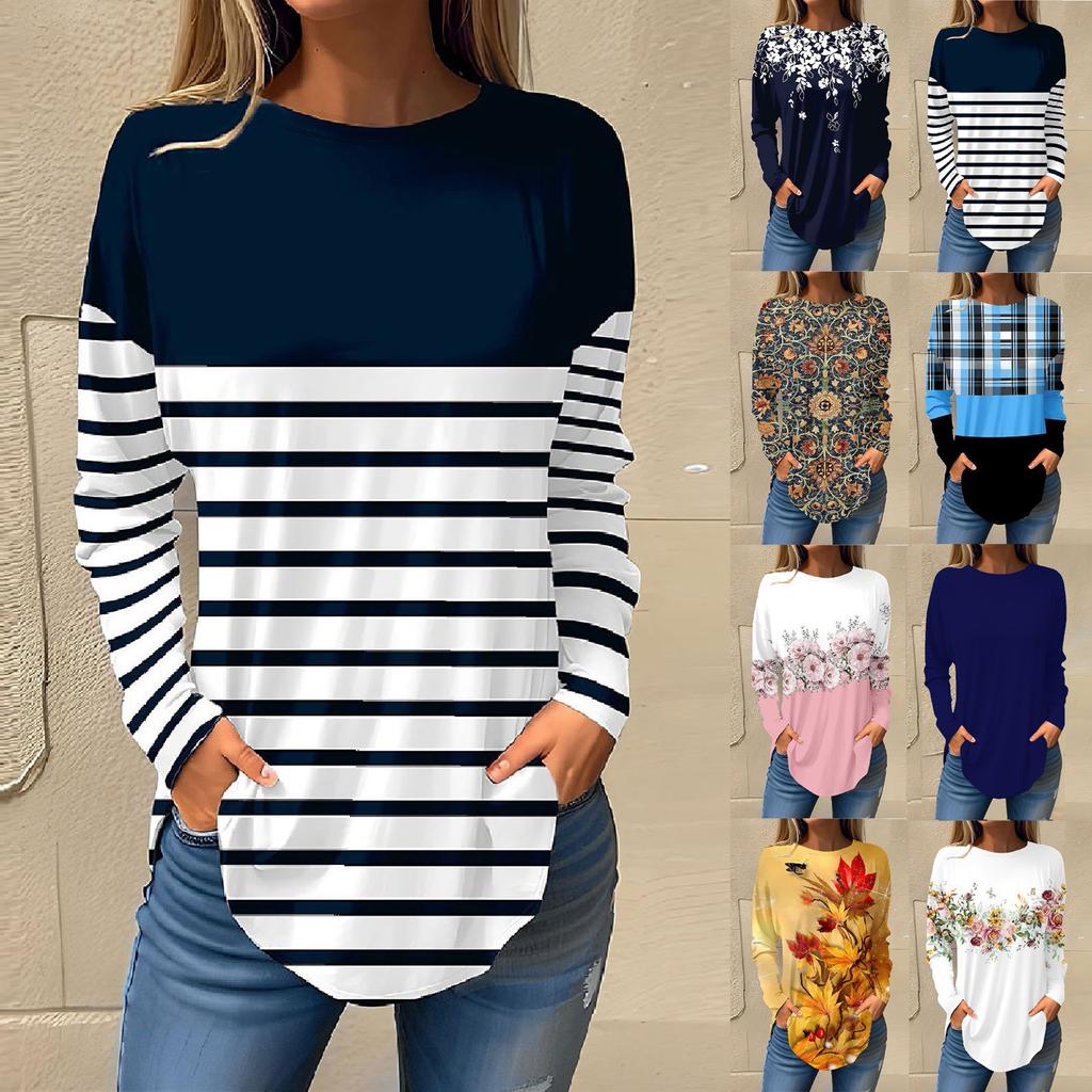 Tee Shirts For Women Fall Casual Long Sleeve Shirts Sweatshirt Retro Printing Top Pullover