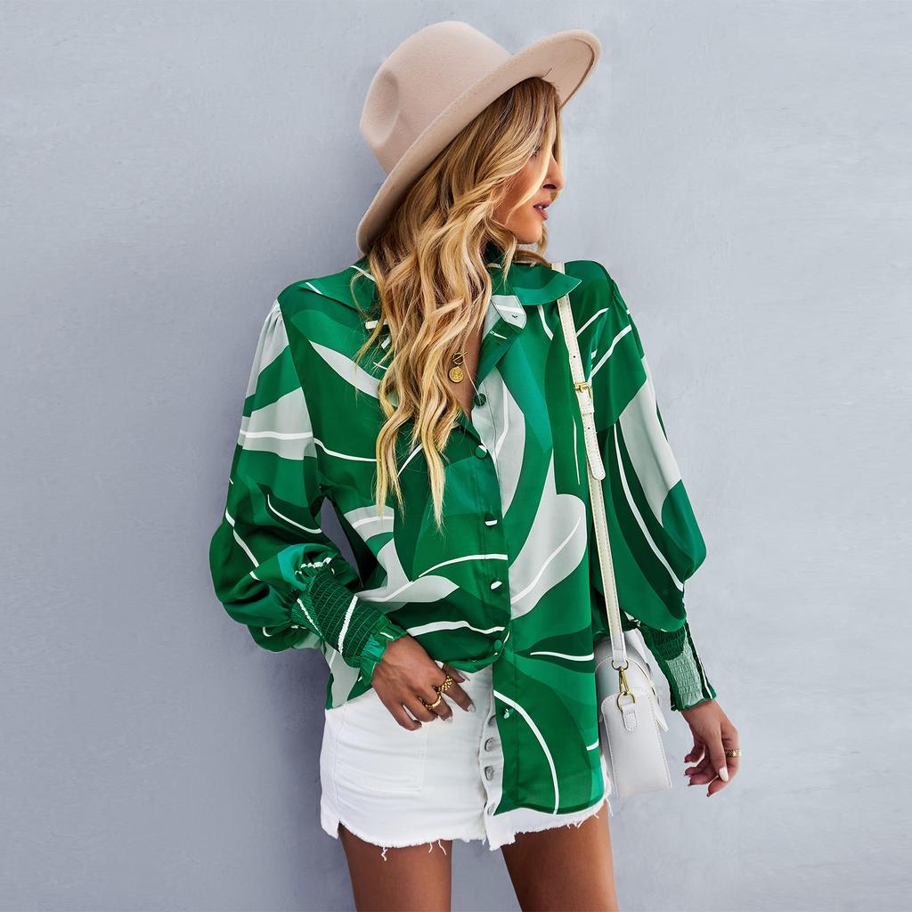 Spring Autumn Woman's Blouse Shirt POLO Collar In Contrasting Color Printed Long Sleeve Loose Casual Tops