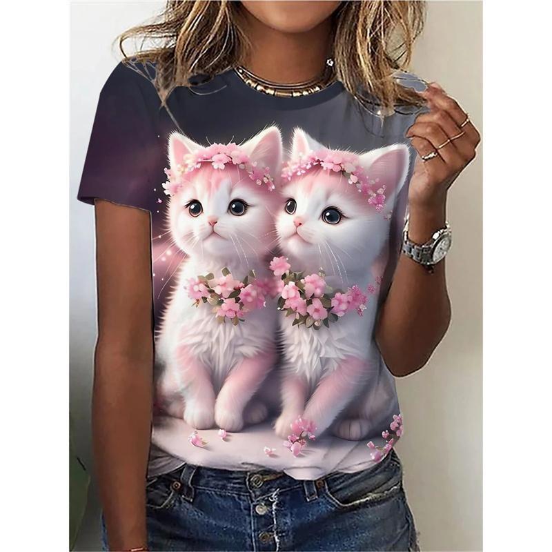 Funny Cat Pattern T Shirt For Women Clothing Cute Animal 3D Printed Short Sleeves Summer Oversized T-Shirts O-Neck Girl Tops Tees