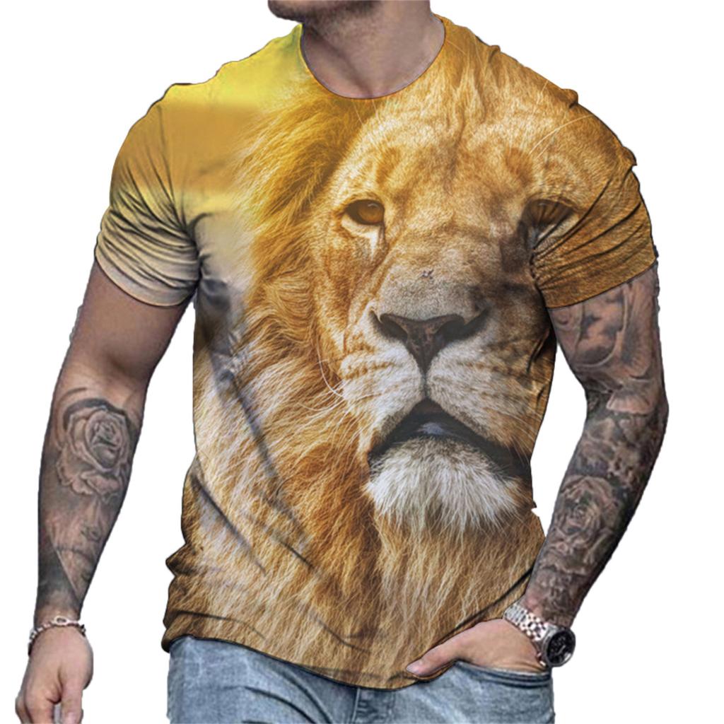 Men's Summer Lion Pattern Tee Casual Loose Sports Top 3D Printed Short Sleeve Retro Men T Shirt