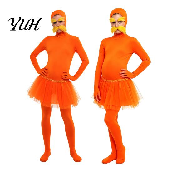 Full Coverage Suits Orange Bodysuit, with Tulle Skirt, Fake Belly, Yellow Mustache & Eyebrows, Halloween Cosplay Jumpsuit Open Face Zentai Suit,