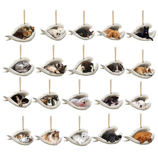 Собака спит в крыльях ангела, 2D плоское украшение, подвеска для зеркала заднего вида автомобиля, сувенир в память о питомце для рождественской елки, аксессуары для интерьера автомобиля