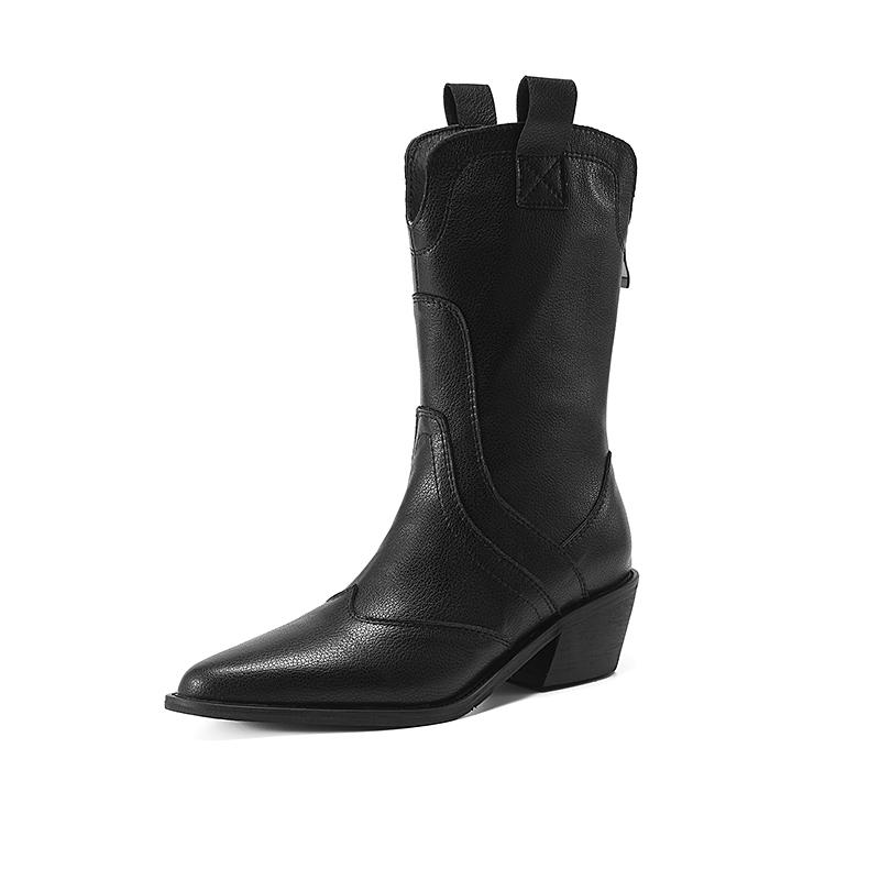 2025 New Women's Shoes Boots Autumn Work Fashion Elegant Retro Luxury High Heel Spike Toe Genuine Leather Shoes Mid-calf Boots