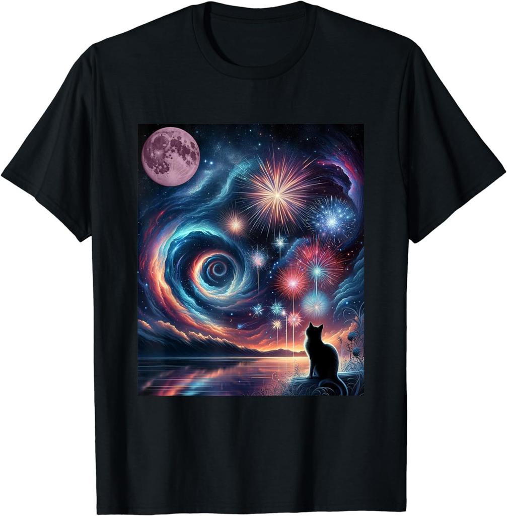 NEW LIMITED Mystic Fantasy Dreamy July 4th Cat Starry Night Fireworks Tee S-5XL
