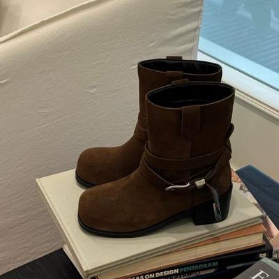 Версия из овчины~ ретро квадратный носок толстый каблук увеличенные ковбойские сапоги с пряжкой на ремне ботинки Мартин женские 2025 новые короткие сапоги