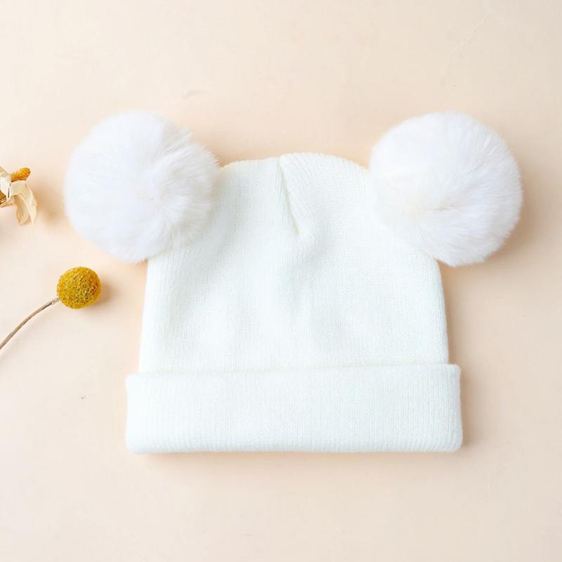 1pc solid color Beanie with Double Hairball,Winter Warm Leisure windproof multifunctional Kids Knit Cap For Autumn and Winter