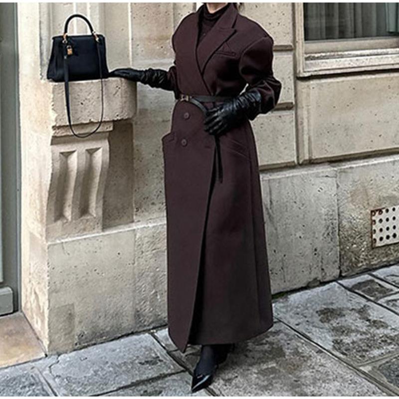 Модное женское пальто с отложным воротником и карманами, длинный рукав, длинное двубортное пальто, осень-зима, новая женская куртка