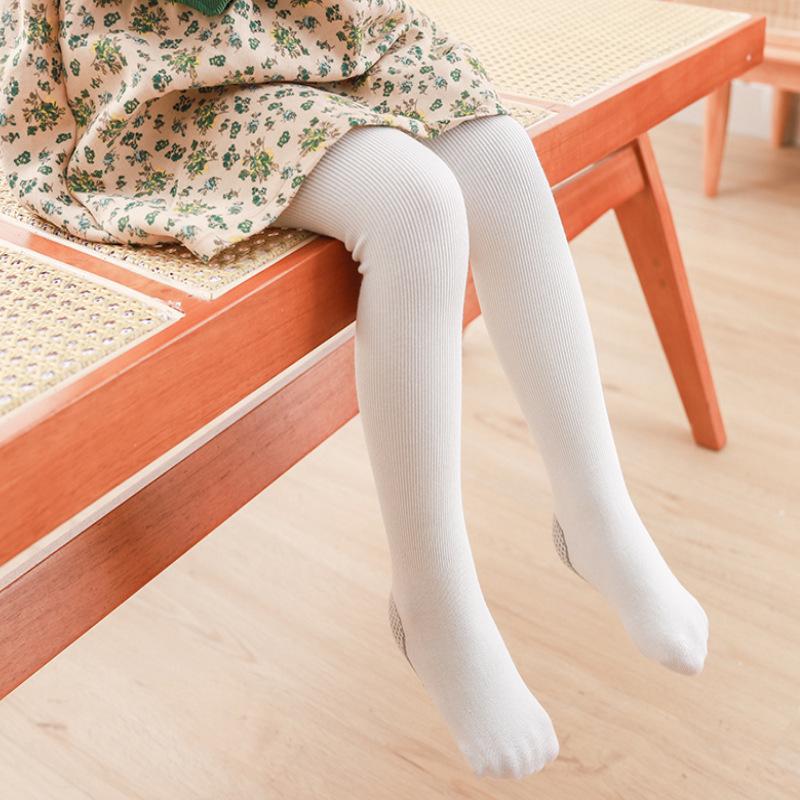 Children's Anti-slip Cotton Pantyhose - Solid Color Vertical Stripes Leggings for Girls - White Dance Socks