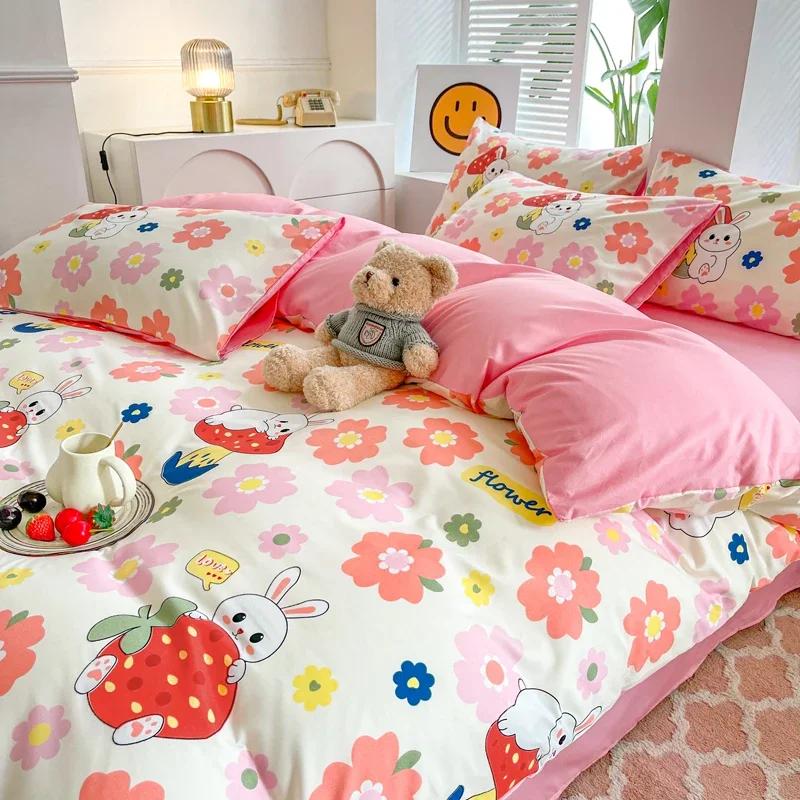 Комплект постельного белья с рисунком кролика Kawaii Bunny, ботанический цветочный принт, наволочка для одеяла, 4 шт., мягкий стираный хлопковый комплект постельного белья с рисунком из мультфильмов