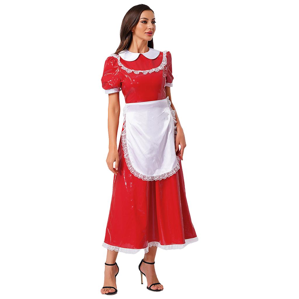 Женский костюм французской горничной, атласное платье-макси с лацканами, кружевной отделкой и короткими рукавами, ПУ с эффектом мокрого блеска