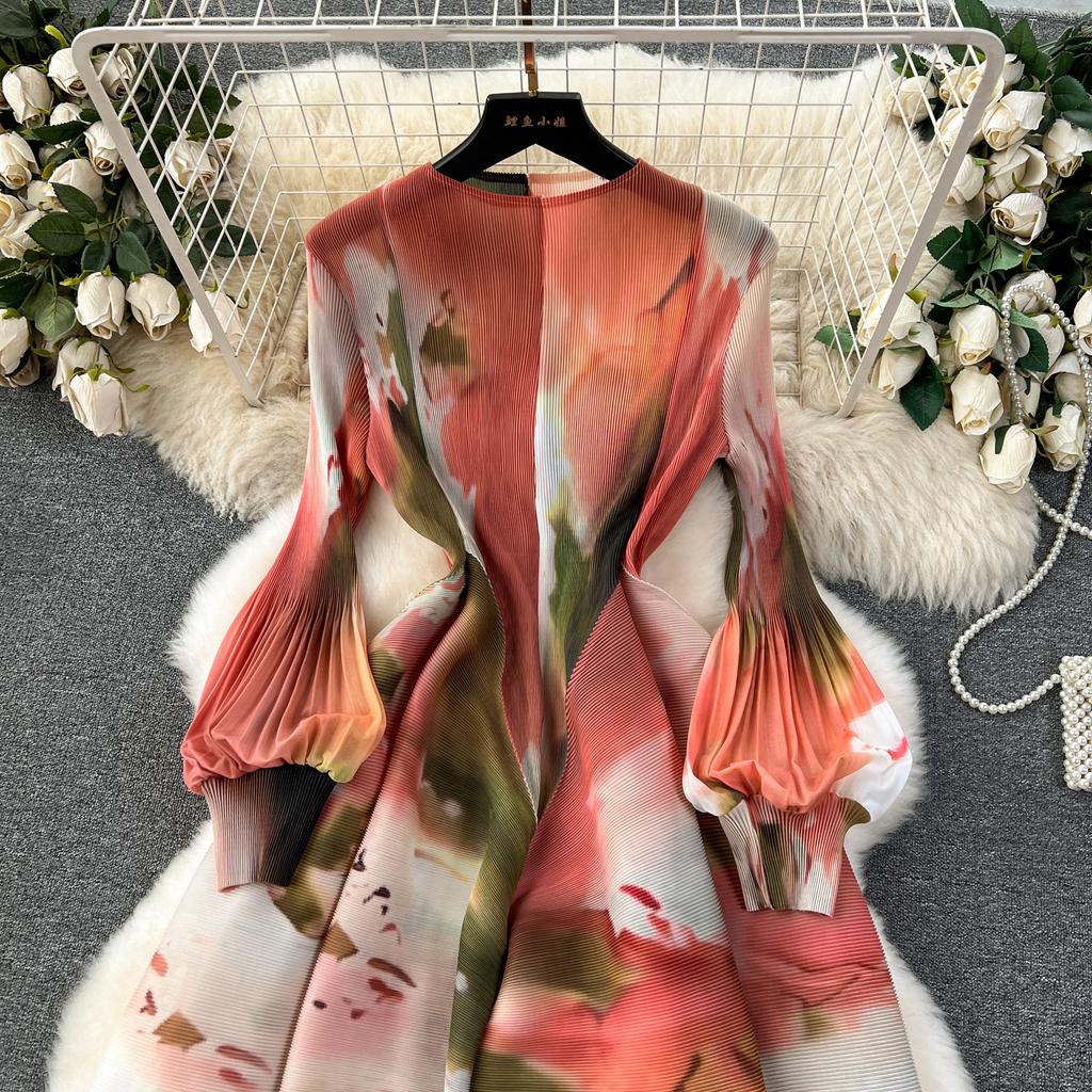 French Senior Temperament Luxury Dress Ladies 2024 Newest O-Neck Ruched Print Tie Dye Design Fashion Chic Long Dress