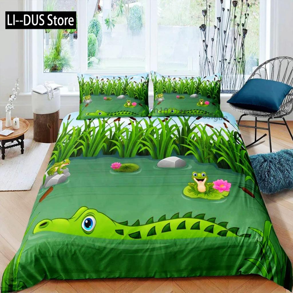 Комплект пододеяльников с изображением лягушки, милый мультяшный узор лягушки Kawaii, размер King Queen, полиэстер, чехол с наволочкой для детей и девочек