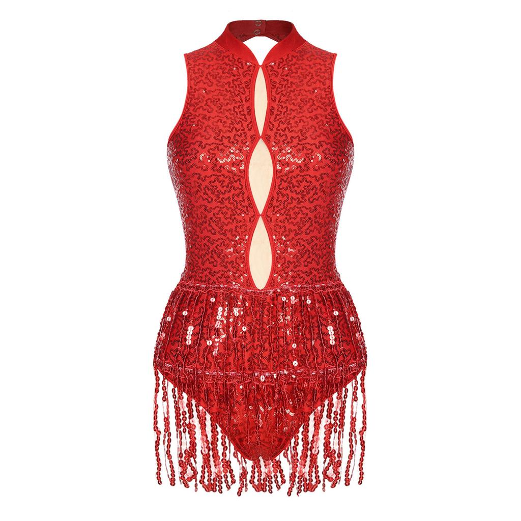 Women's Shiny Sequins Tassel Latin Jazz Dance Leotard Backless Fringed Bodysuit Lyrical Dance Costume