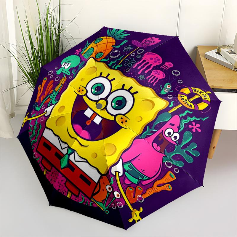 1pc SpongeBob SquarePants Automatic Opening/Closing Umbrella - Portable Tri-Fold Design with 8-Bone Iron Frame - Outdoor - Perfect Gift for Fans,