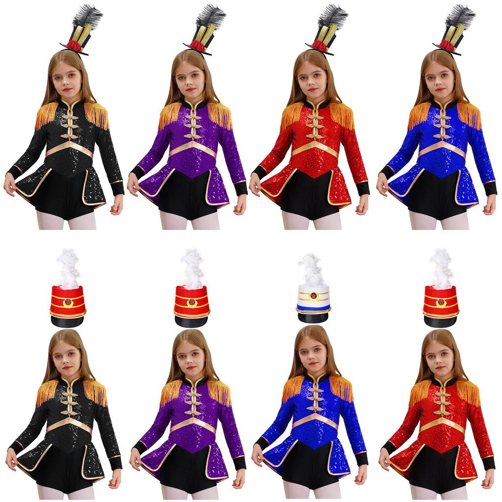 Kids Girls Circus Ringmaster Costume Shiny Sequins Drummer Jumpsuit with Hat Set Marching Band Team Uniform