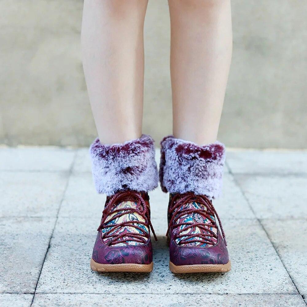 Johnature Handmade Genuine Leather Printed Short Boots With Plush Warm Comfortable Snow Boots Women Shoes