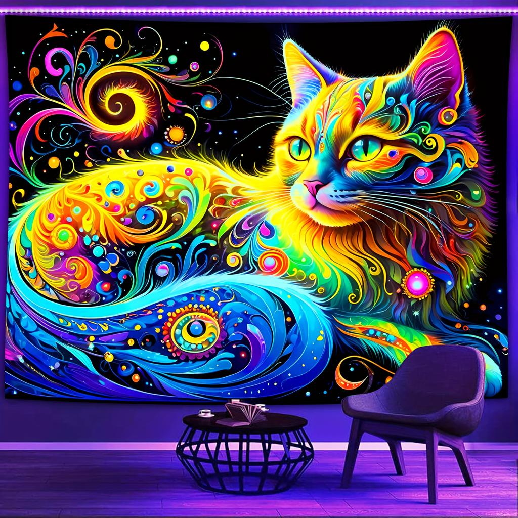 Psychedelic Cat Fluorescent Tapestry Outer Space UV BlackLight Tapestry, Wall Hanging For Living Room Bedroom Office Home Decor