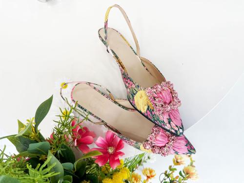 In The Balcony Beatrice Cotton Flower Pattern Pointed Flat Slingback 3Cm
