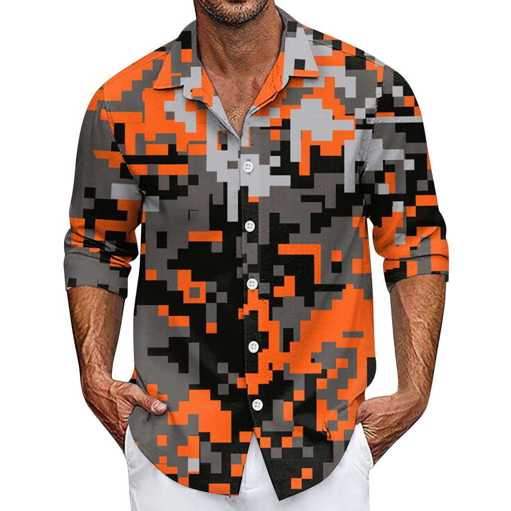 Men's Summer New Loose Print Long Sleeve Shirt Cardigan Beach Shirt