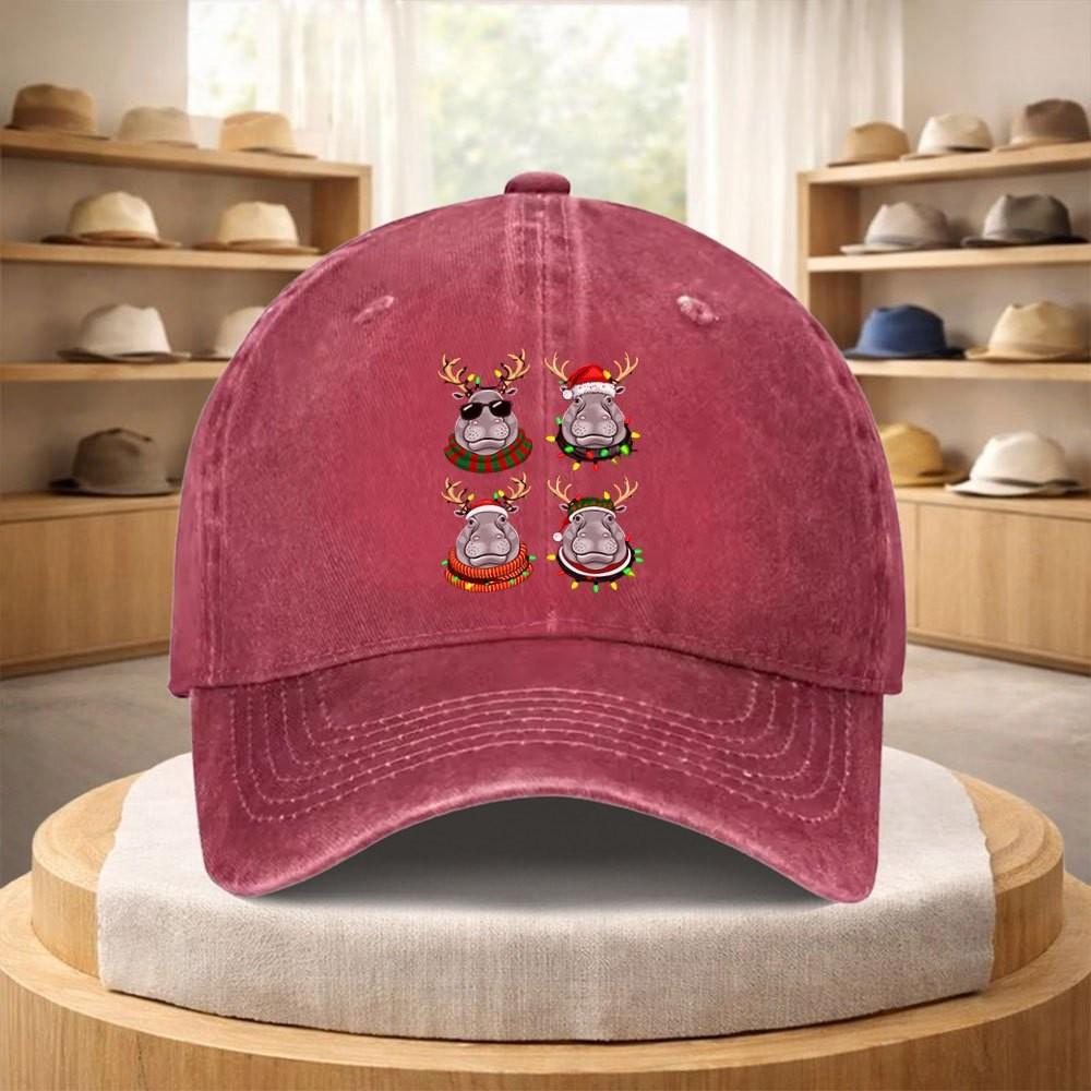 Hippo Reindeer Christmas Light Print Washed Denim Baseball Cap Adjustable Streetwear Hat