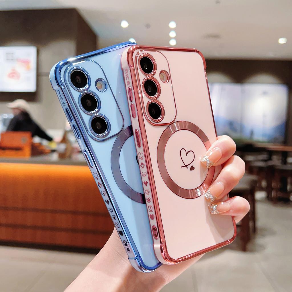 Роскошный гальванизированный чехол Magsafe love Heart для Samsung Galaxy S21 S23 S24 S25 Plus Ultra S21FE S23FE с магнитной беспроводной зарядкой и противоударным покрытием