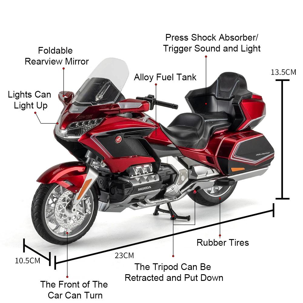 Модель мотоцикла Honda Gold Wing GL800 2021 года в масштабе 1/11, изготовленная из литого металла, со звуком, светом, амортизацией и имитацией мотоцикла.