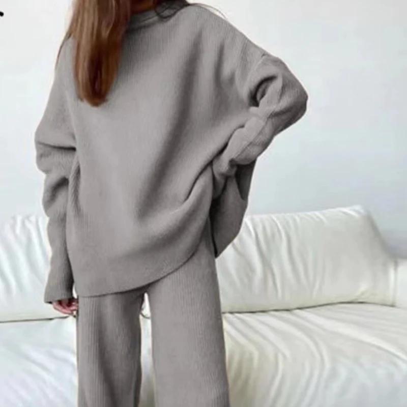 Women Knitted Suit Soft Turtleneck Long Sleeve Sweater Wide Leg Pants Commuter 2 Pieces Sets Autumn Winter Homewear