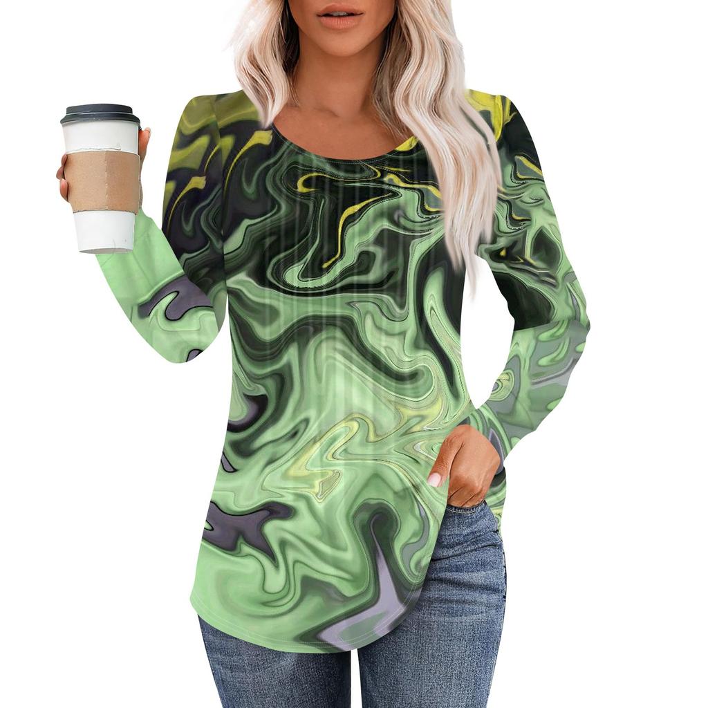 Рубашки с длинным рукавом для женщин, топы, нарядные повседневные блузки, плиссированные топы-туники с круглым вырезом