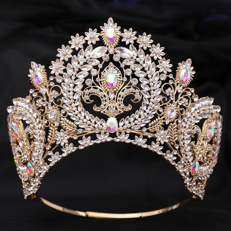 Baroque Round High Diadem Bridal Crown Pageant Miss Tiaras Headdress Bride Wedding Dress Hair Jewelry Accessories