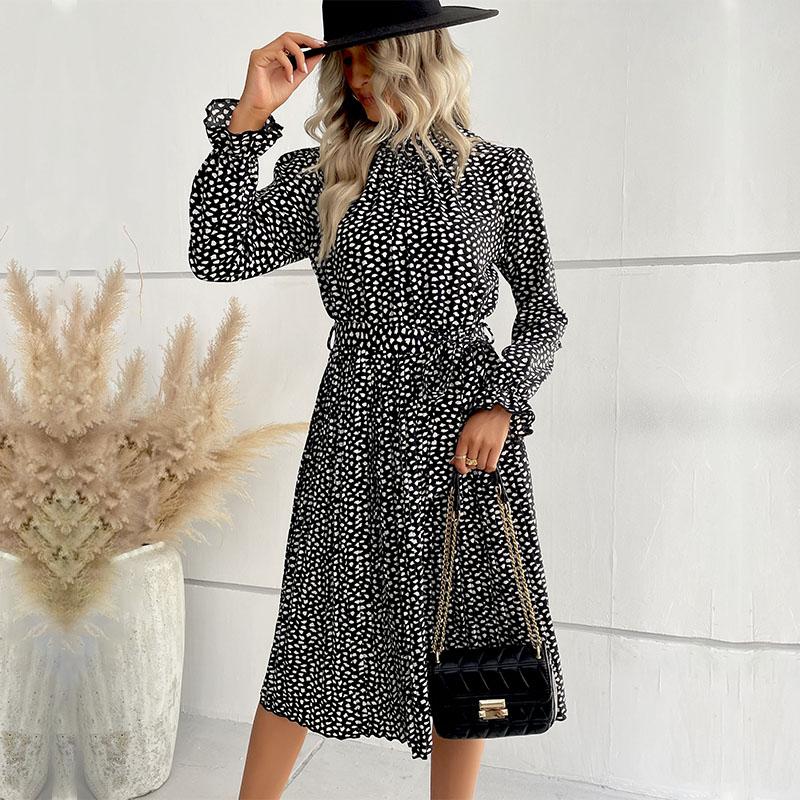 YYFS Женская мода лето весна горошек печати с длинным рукавом половина водолазки повседневные платья