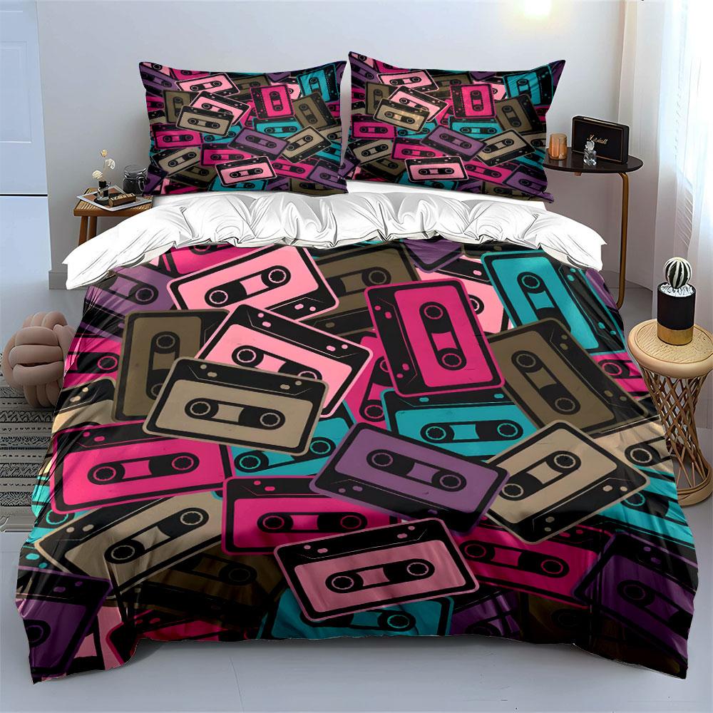 Colorful Retro Cassette Pattern Bedding Duvet Cover Set (1*Duvet Cover 2*Pillowcases, without duvet insert)