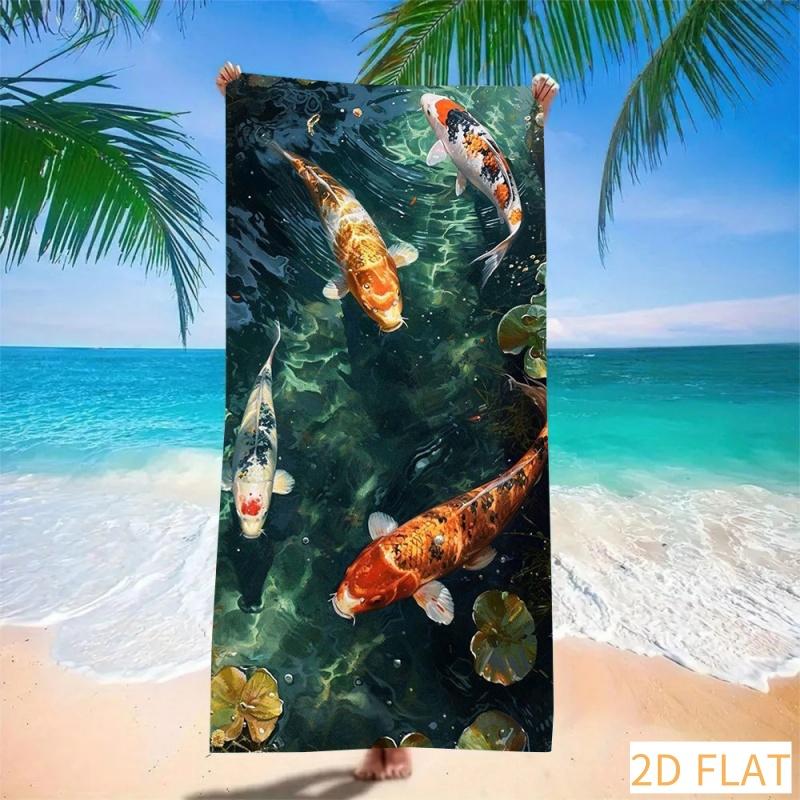 Koi Fish Beach Towel - Super Absorbent Quick Dry Microfiber with Japanese Pond Print, Soft Sand-Free Blanket for Picnic