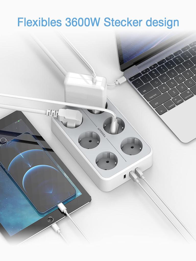 Tessan Удлинитель с несколькими розетками европейского стандарта и USB-портами, удлинительный кабель длиной 2 м, европейская многоконтактная электрическая розетка для дома