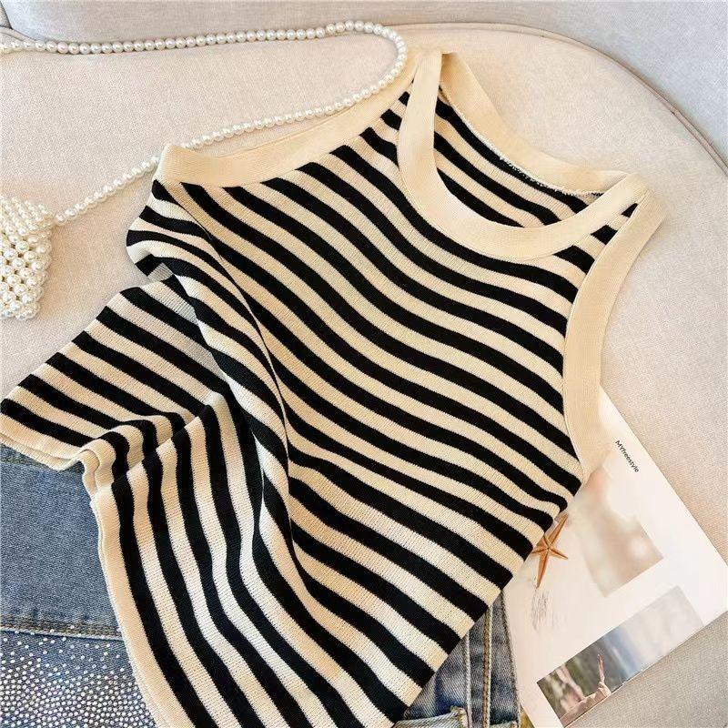 Свитер-жилет женский весенне-летний топ на бретельках с внутренним слоем и дизайном на ремешке, полосатый топ с жилетом без рукавов, женский пуловер
