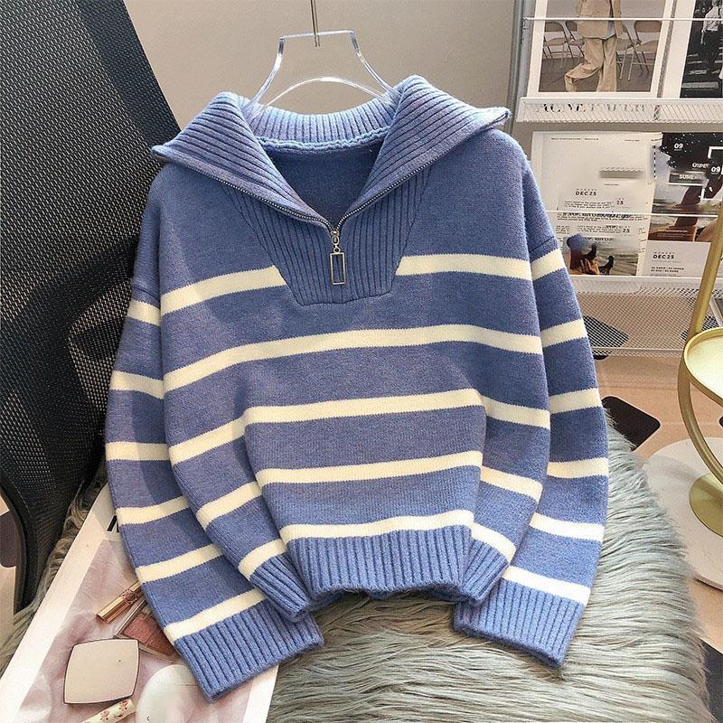 Spring and Autumn High Neck Sweater Pullover Women Underwear Zipper Stripe Underlay Short Style Sweater Female
