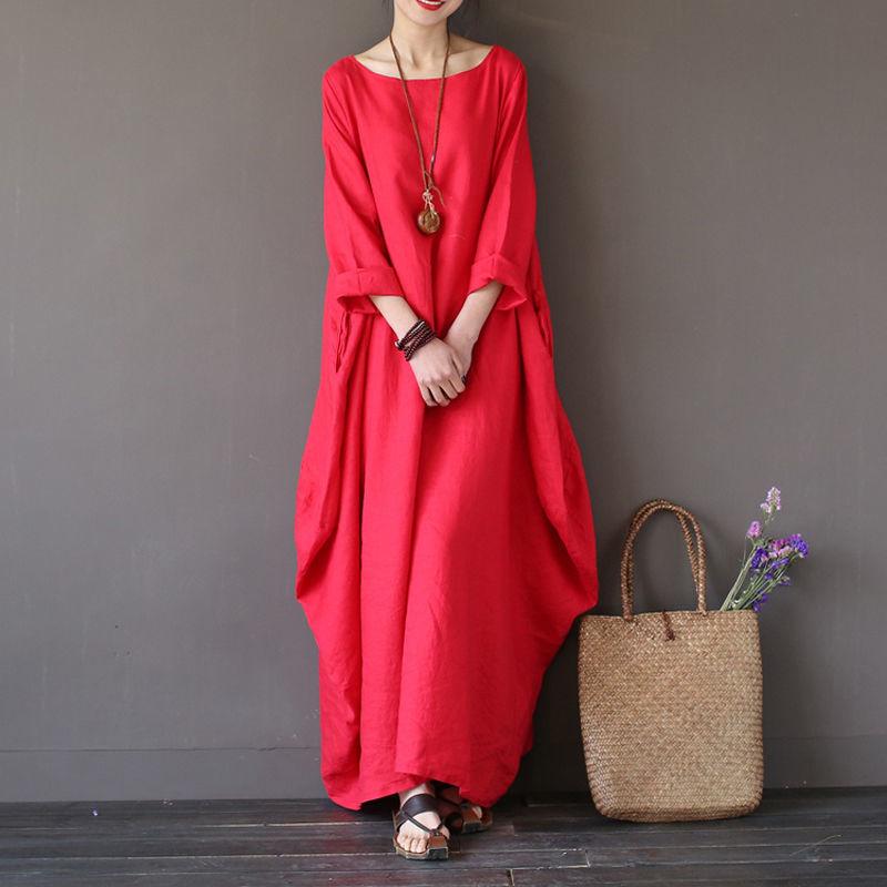 M5xl And Cotton Linen Summer 34 Sleeved Full Length Large Size Loose Casual Solid Color Dress