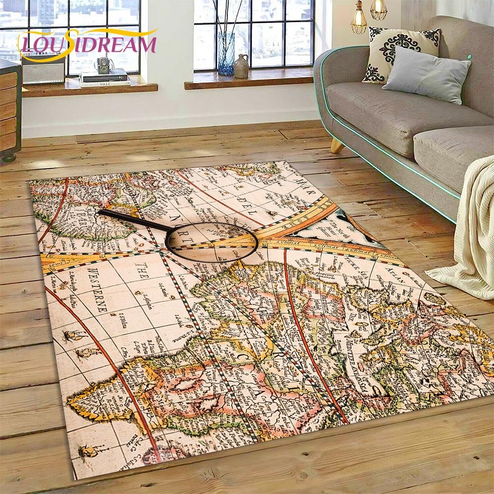 Древняя морская карта Карта мира Компас Ковер для гостиной Спальня Декор, напольный коврик Нескользящее украшение для дивана Коврик